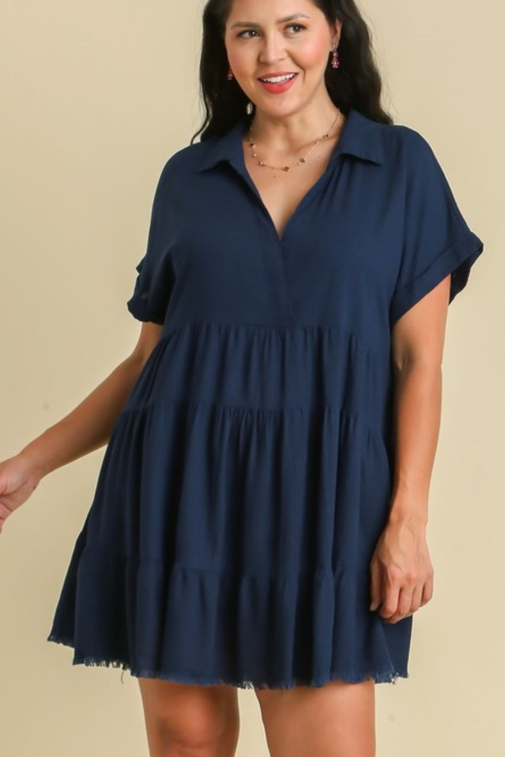 UMGEE - Navy Tiered Mini Dress with Raw Hem and Collar