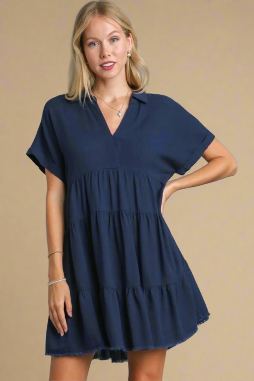 UMGEE - Navy Tiered Mini Dress with Raw Hem and Collar