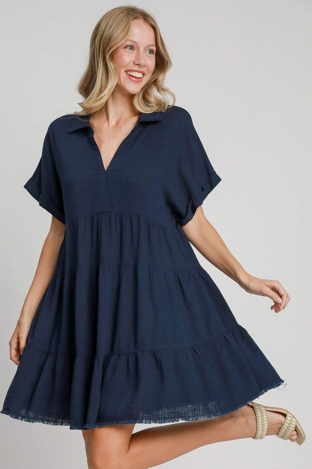 UMGEE - Navy Tiered Mini Dress with Raw Hem and Collar