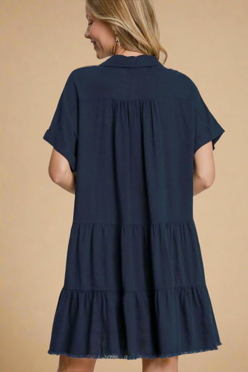 UMGEE - Navy Tiered Mini Dress with Raw Hem and Collar