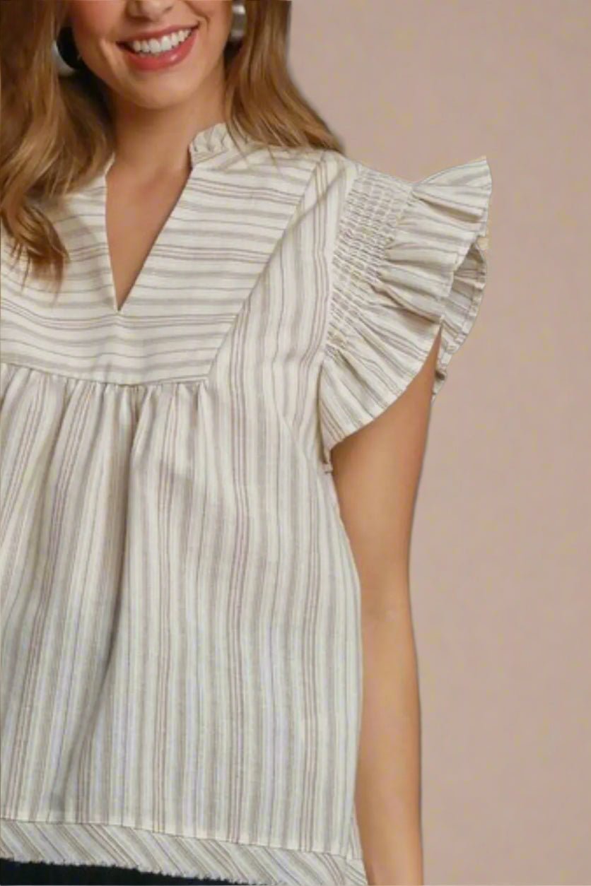 UMGEE - Oat Stripe Ruffle Sleeve Cotton Top