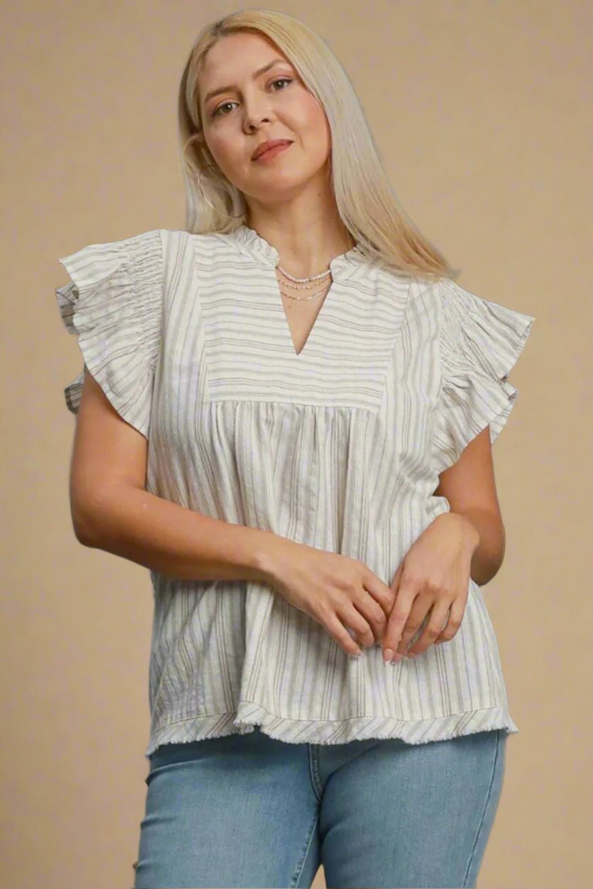 UMGEE - Oat Stripe Ruffle Sleeve Cotton Top