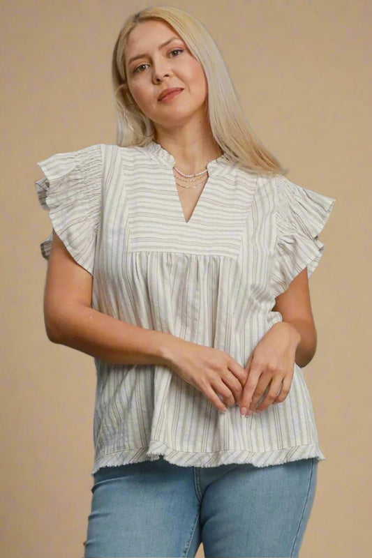 UMGEE - Oat Stripe Ruffle Sleeve Cotton Top