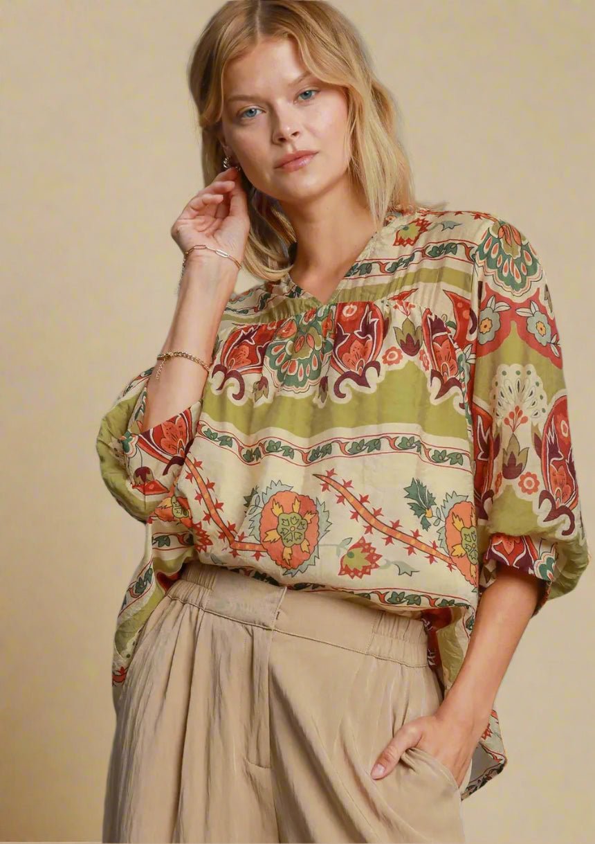 UMGEE - Olive & Clay Boho Print Peasant Top