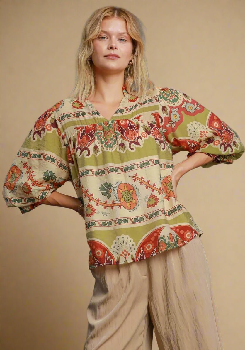 UMGEE - Olive & Clay Boho Print Peasant Top