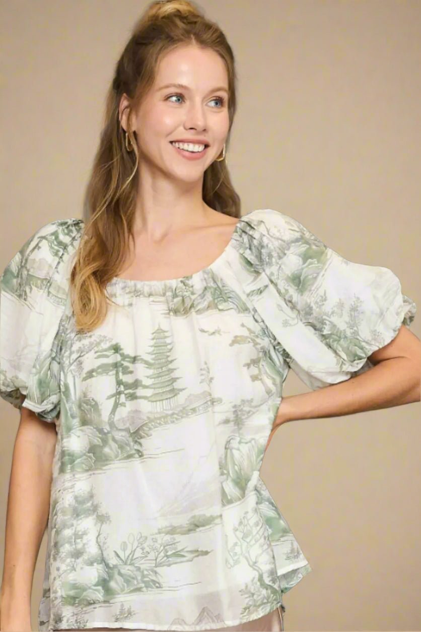 UMGEE - Olive Toile Puff Sleeve Top