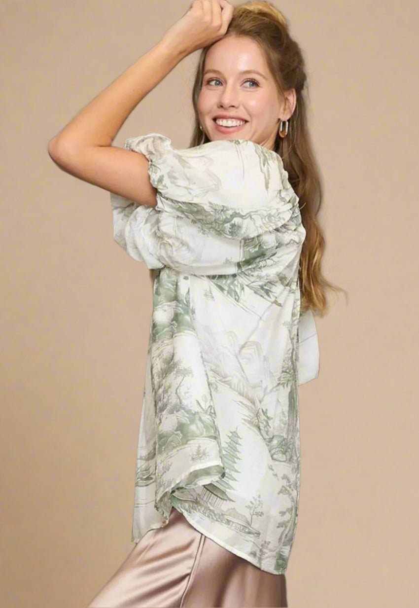 UMGEE - Olive Toile Puff Sleeve Top