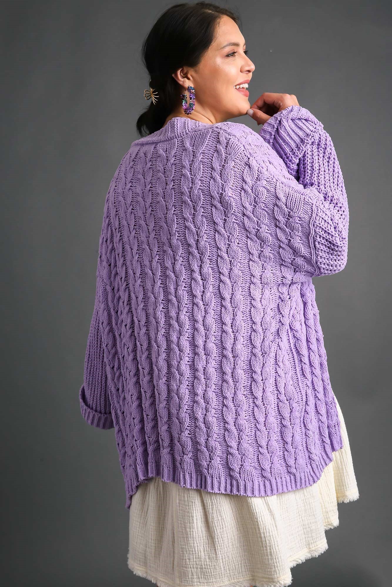 UMGEE - Open Front Long Sleeve Cable Knit Cardigan in Lilac