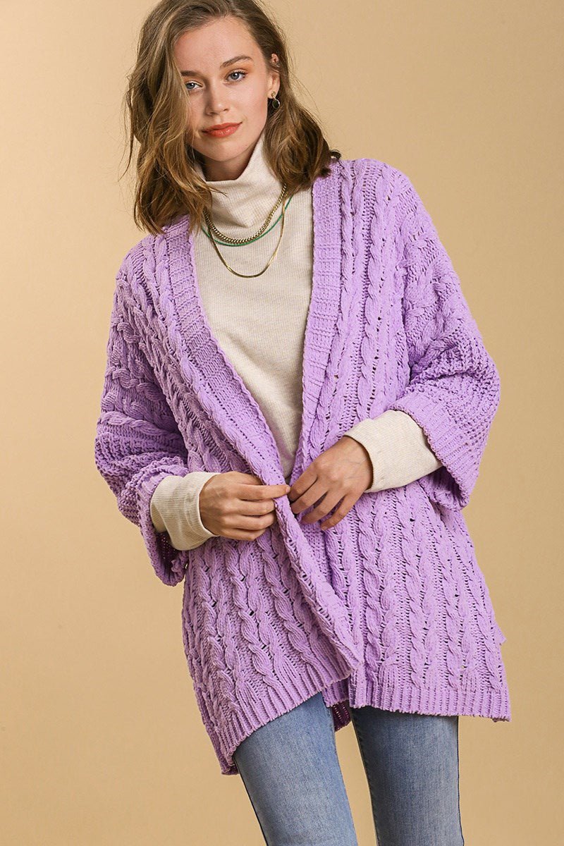 UMGEE - Open Front Long Sleeve Cable Knit Cardigan in Lilac