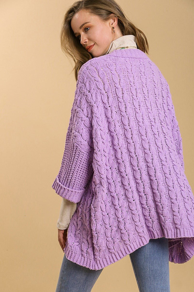 UMGEE - Open Front Long Sleeve Cable Knit Cardigan in Lilac