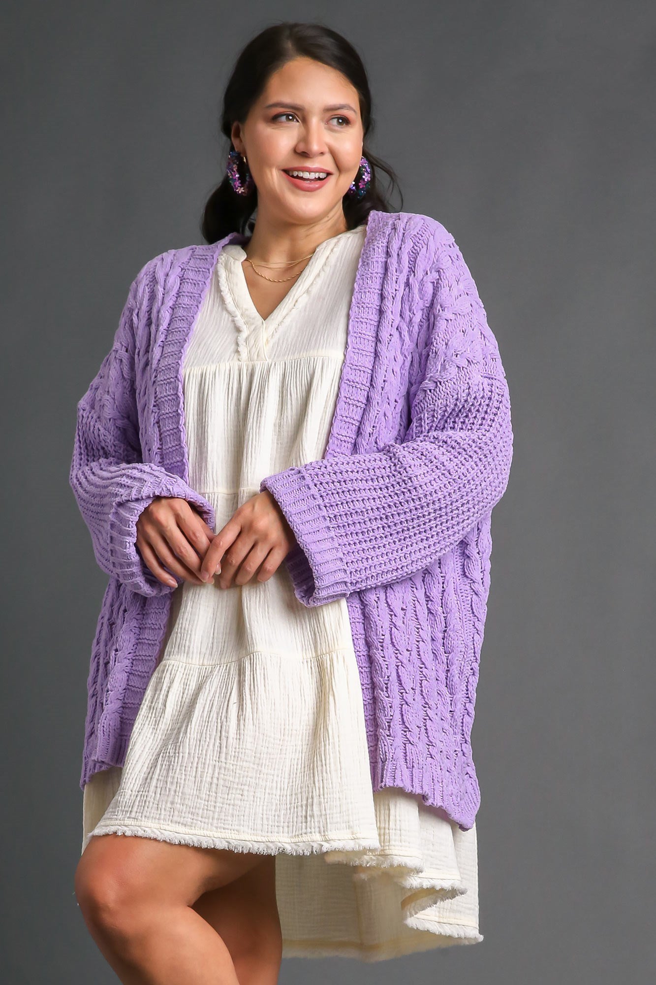 UMGEE - Open Front Long Sleeve Cable Knit Cardigan in Lilac