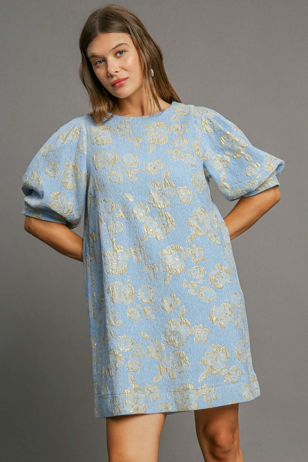 UMGEE - Pastel Blue Floral Jacquard Puff Sleeve Mini Dress