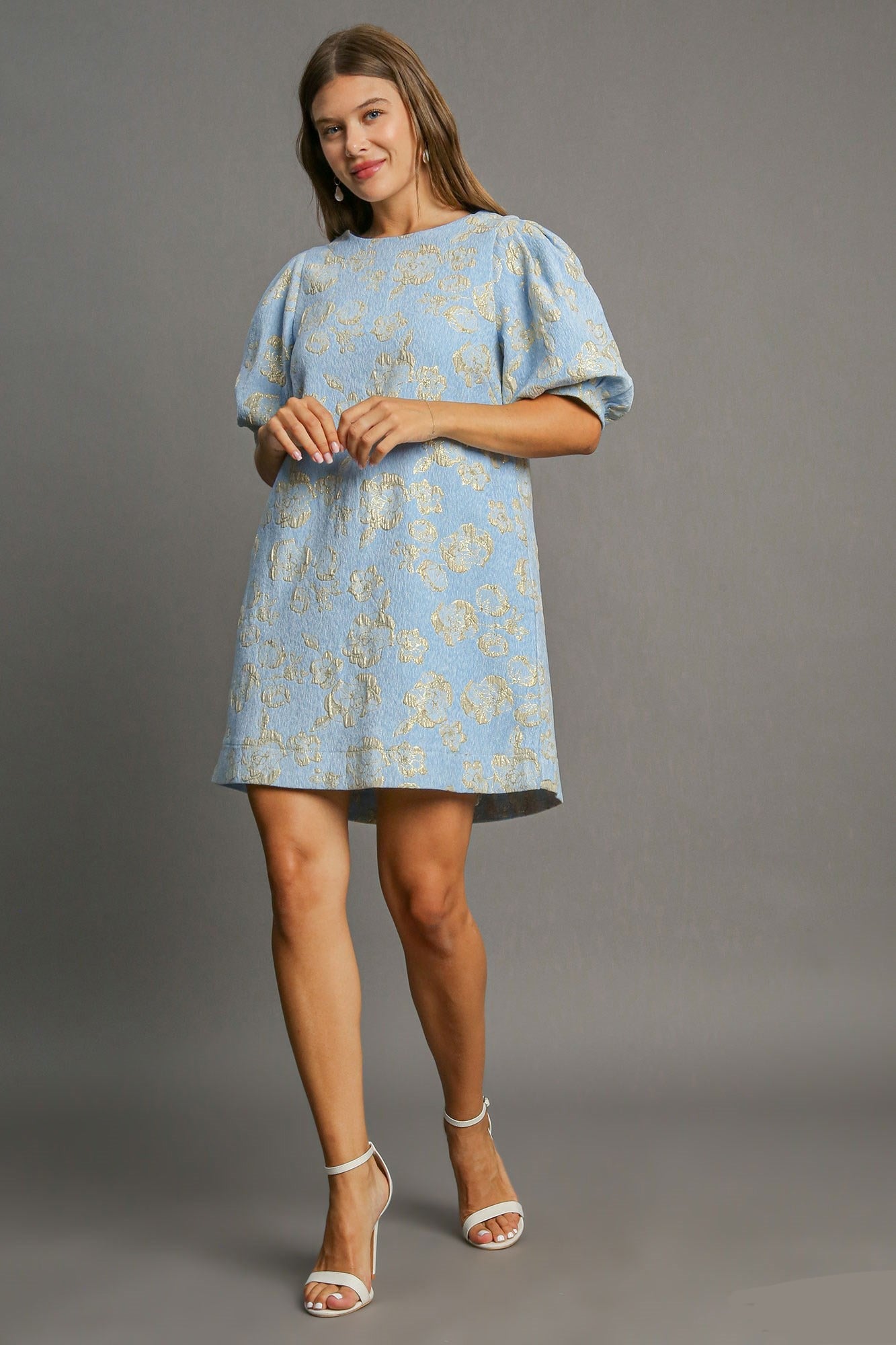 UMGEE - Pastel Blue Floral Jacquard Puff Sleeve Mini Dress