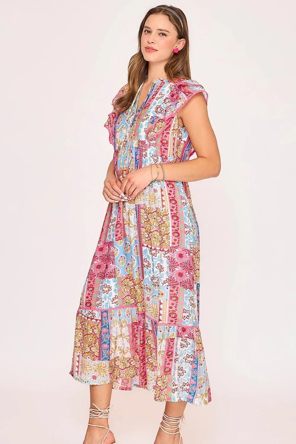 UMGEE - Patchwork Garden Ruffle Sleeve Midi Dress