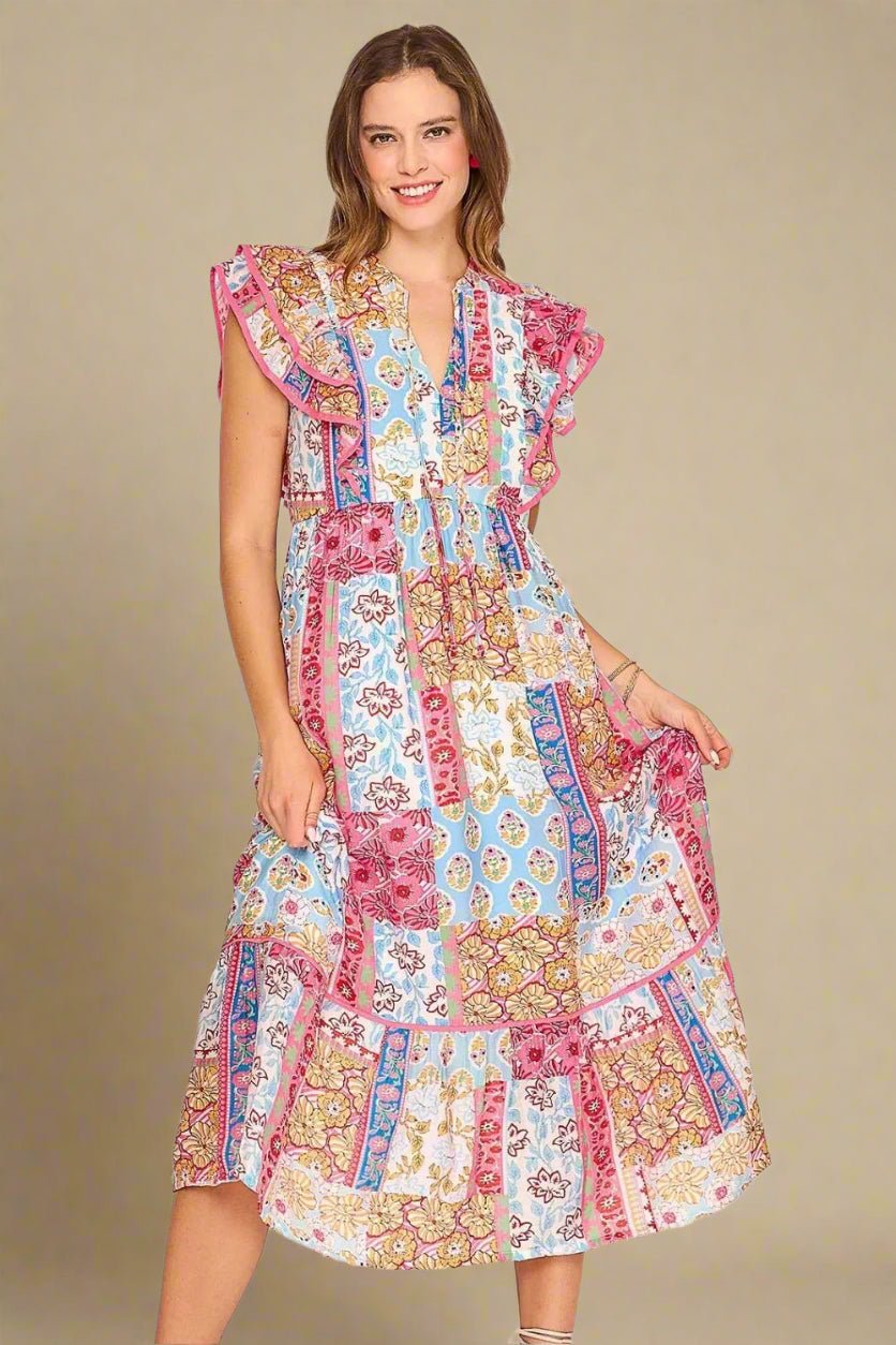 UMGEE - Patchwork Garden Ruffle Sleeve Midi Dress