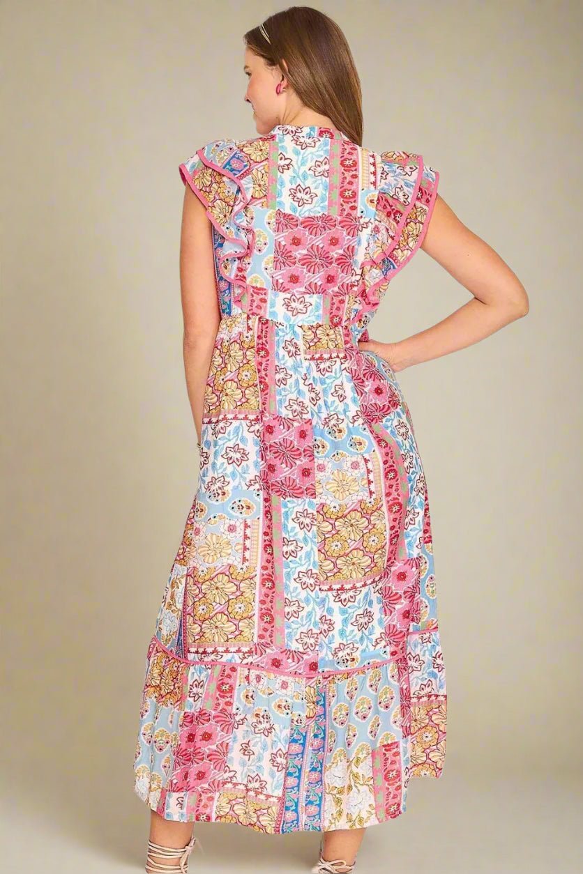 UMGEE - Patchwork Garden Ruffle Sleeve Midi Dress