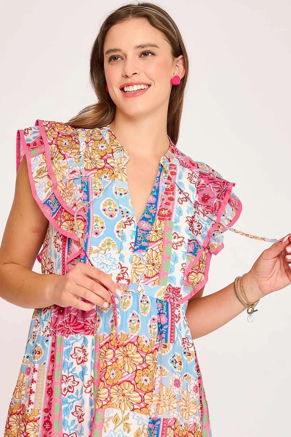 UMGEE - Patchwork Garden Ruffle Sleeve Midi Dress