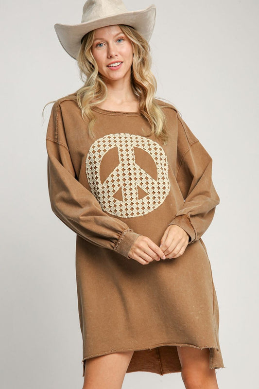 UMGEE - Peace Patch Frayed Hem Mini Dress in Caramel