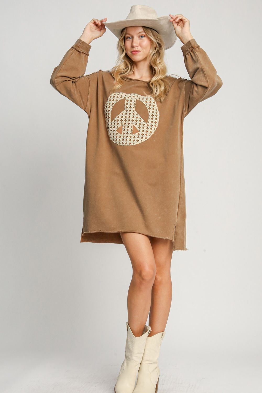 UMGEE - Peace Patch Frayed Hem Mini Dress in Caramel