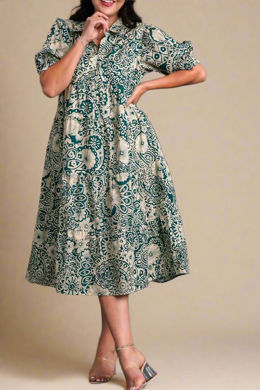 UMGEE - Peacock Blue Boho Floral Print Puff Sleeve Tiered Midi Dress