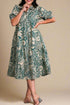 UMGEE - Peacock Blue Boho Floral Print Puff Sleeve Tiered Midi Dress