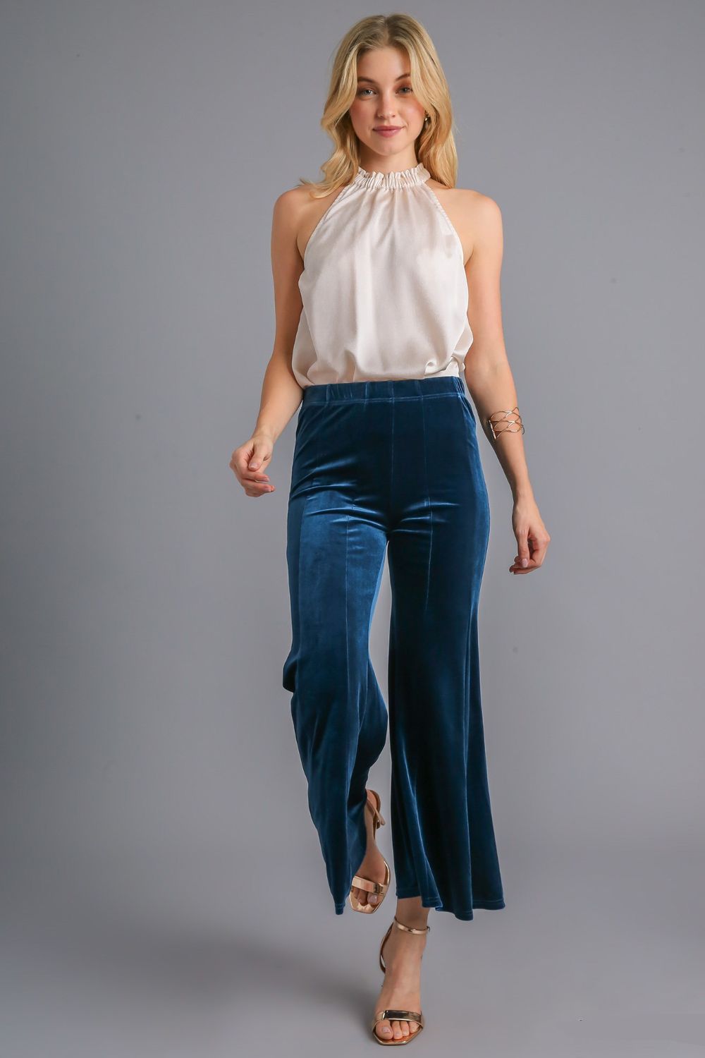 UMGEE - Peacock Blue High Rise Velvet Flare Pants