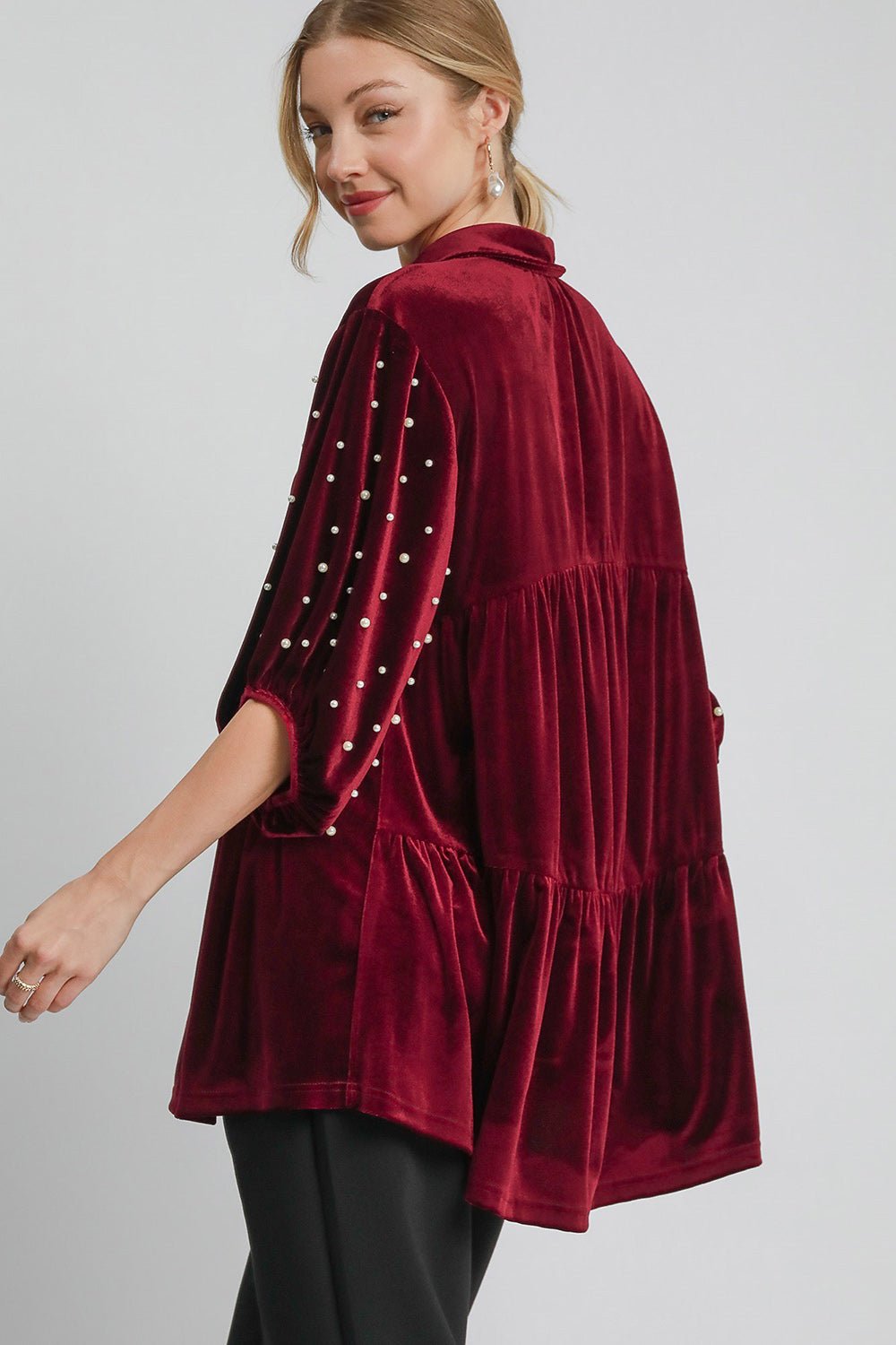 UMGEE - Pearl Detail Velvet Babydoll Blouse in Burgundy