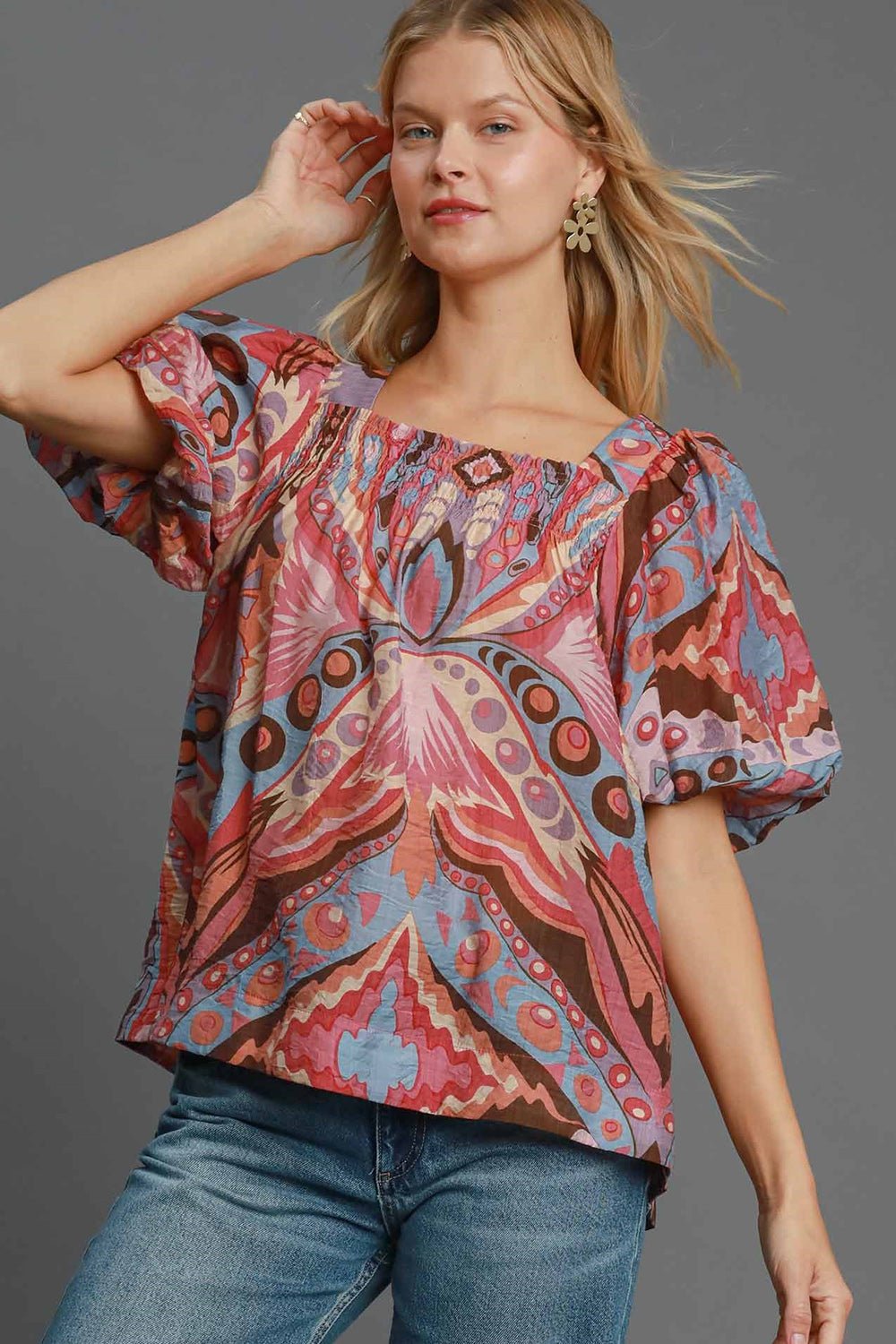 UMGEE - Pink Abstract Print Smocked Puff Sleeve Blouse