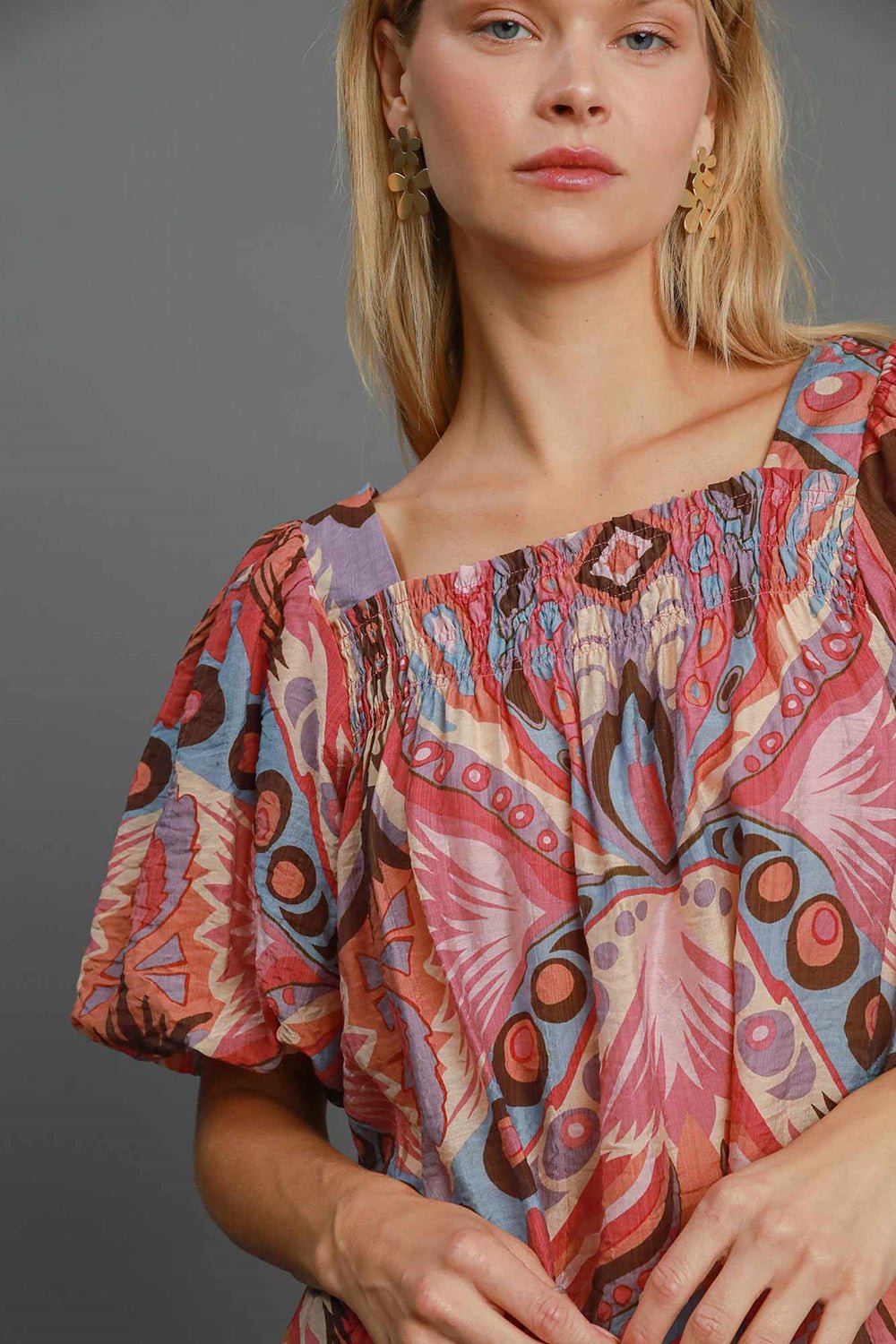 UMGEE - Pink Abstract Print Smocked Puff Sleeve Blouse