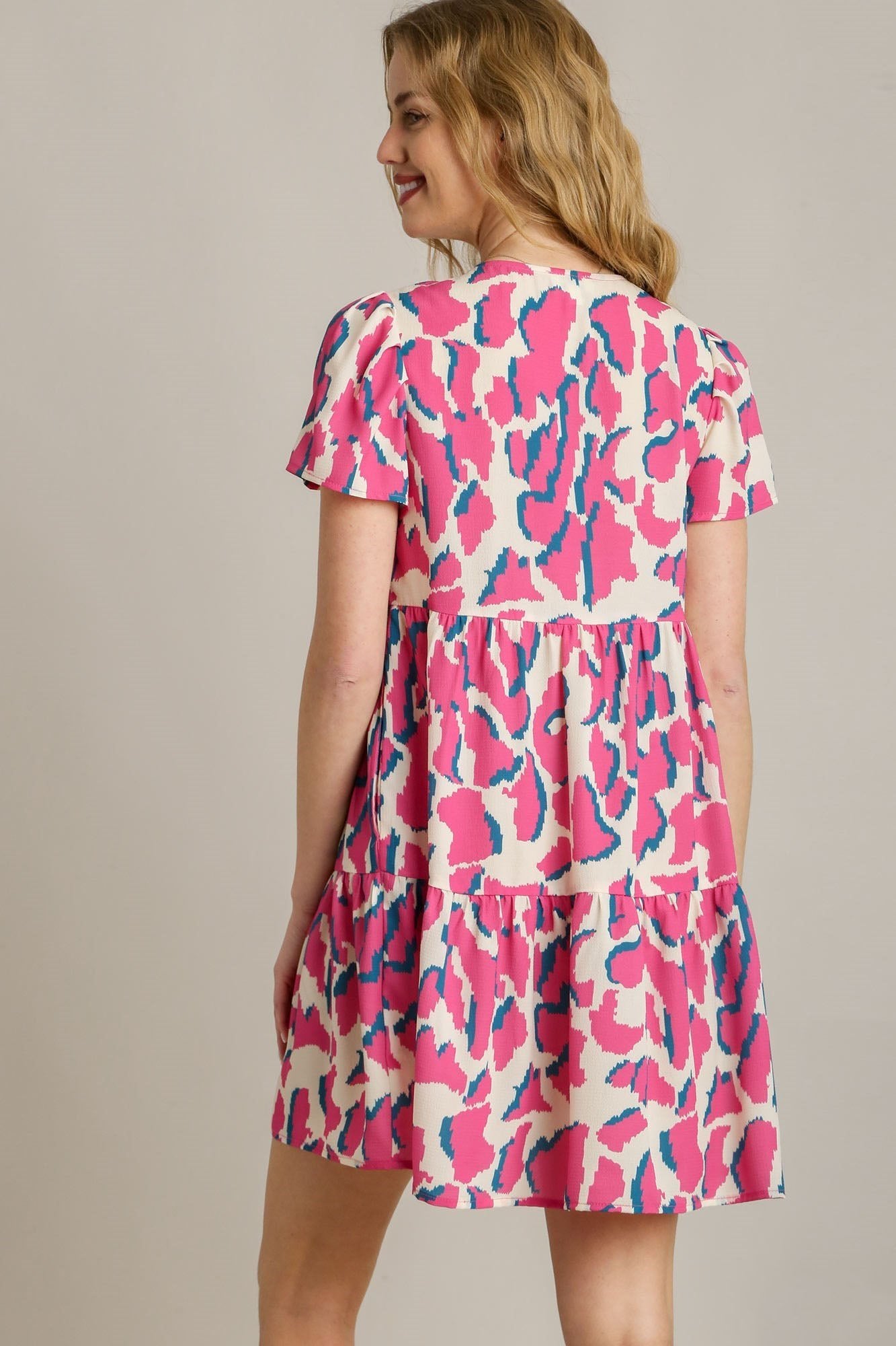 UMGEE - Pink & Cream Print Short Sleeve V - Neck Mini Dress