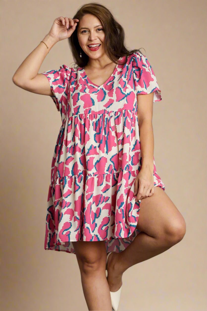UMGEE - Pink & Cream Print Short Sleeve V - Neck Mini Dress
