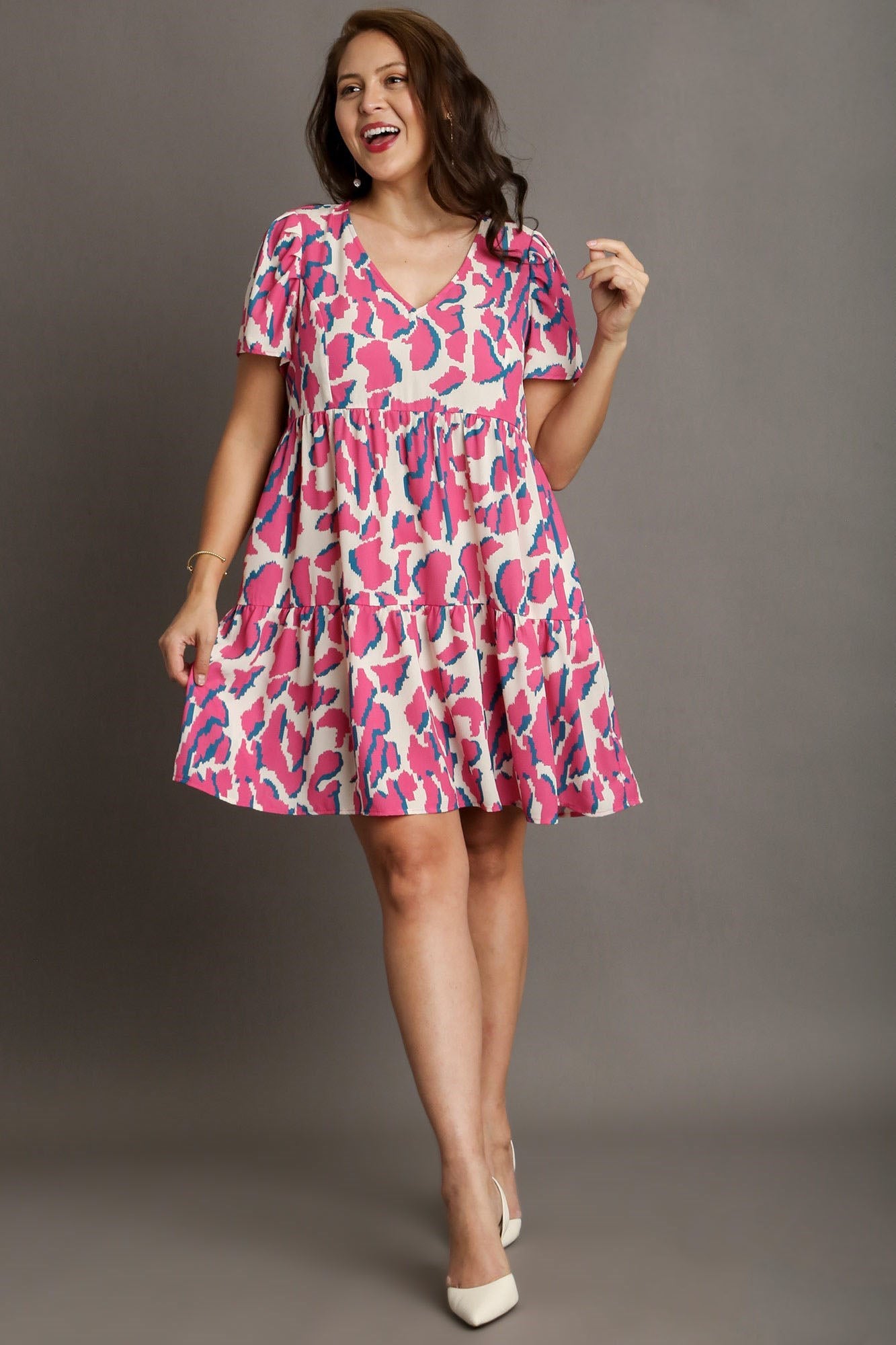 UMGEE - Pink & Cream Print Short Sleeve V - Neck Mini Dress