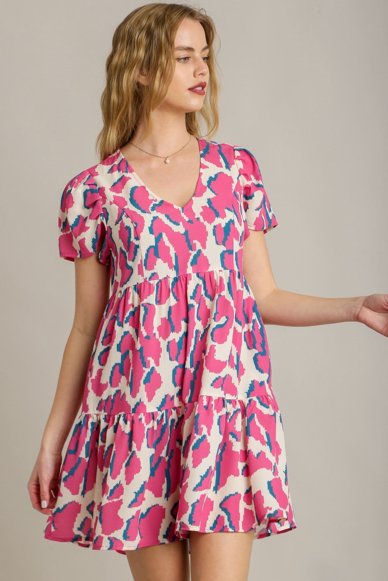UMGEE - Pink & Cream Print Short Sleeve V - Neck Mini Dress
