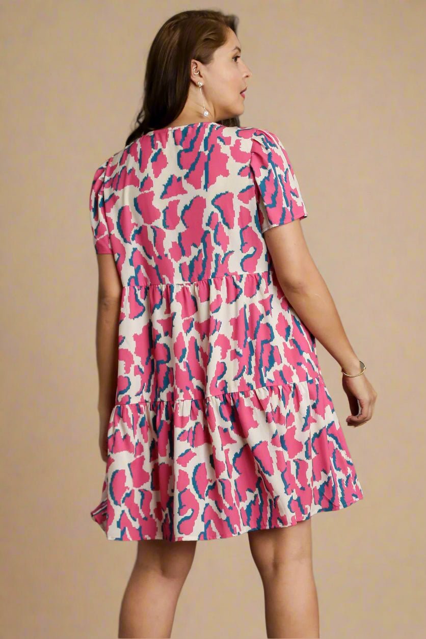 UMGEE - Pink & Cream Print Short Sleeve V - Neck Mini Dress