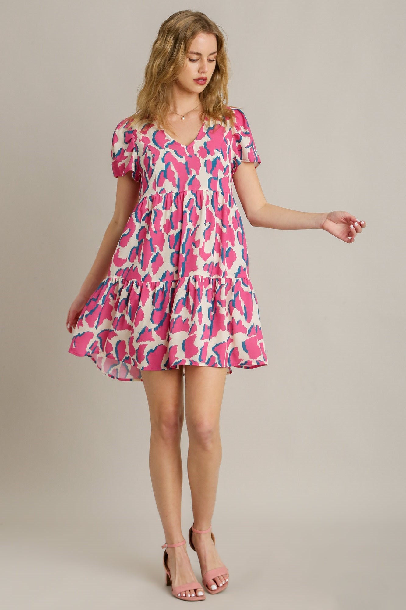 UMGEE - Pink & Cream Print Short Sleeve V - Neck Mini Dress