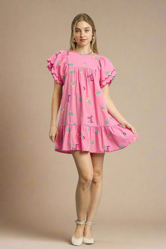 UMGEE - Pink Embroidered Short Sleeve Ruffle Hem Mini Dress