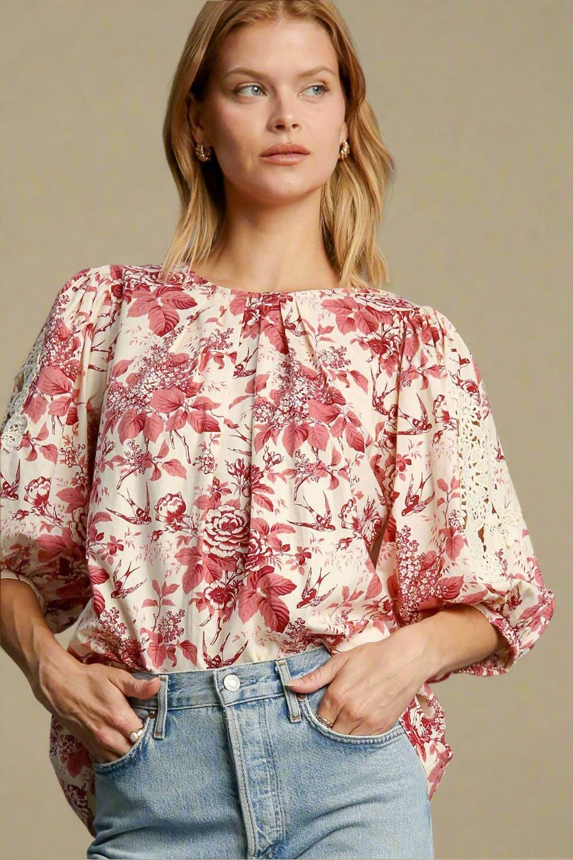 UMGEE - Pink Floral Pleated Neck Lace Detail Blouse