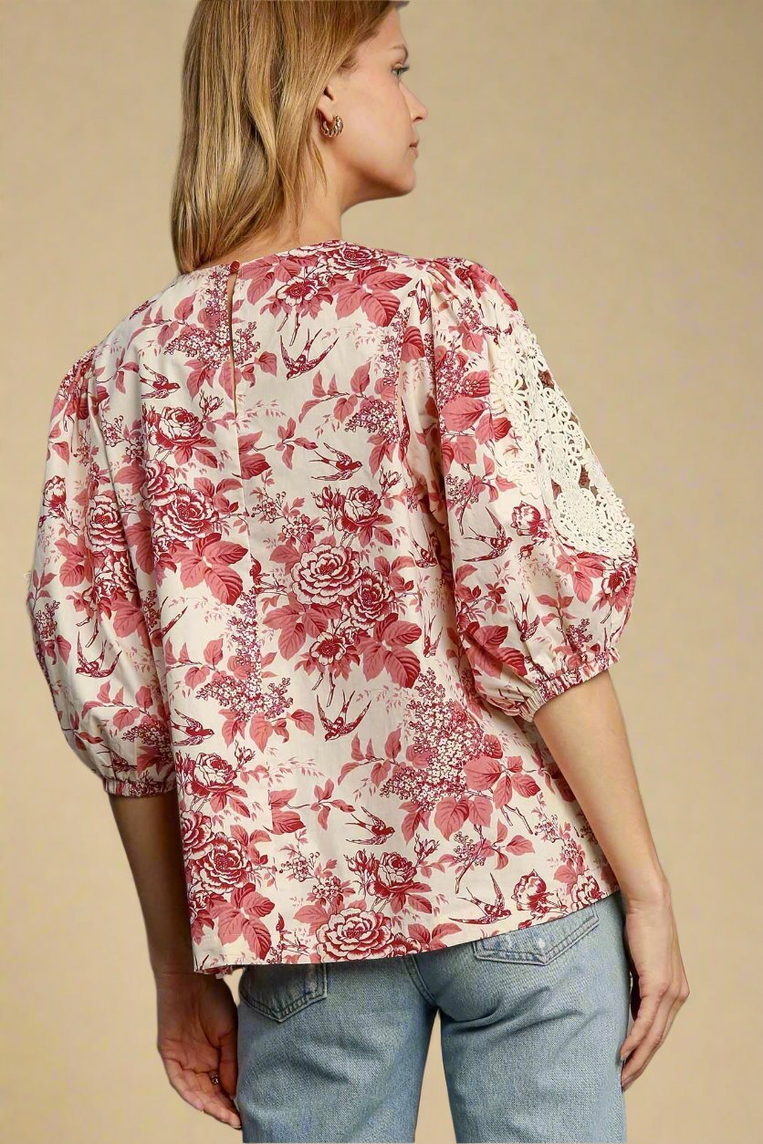 UMGEE - Pink Floral Pleated Neck Lace Detail Blouse