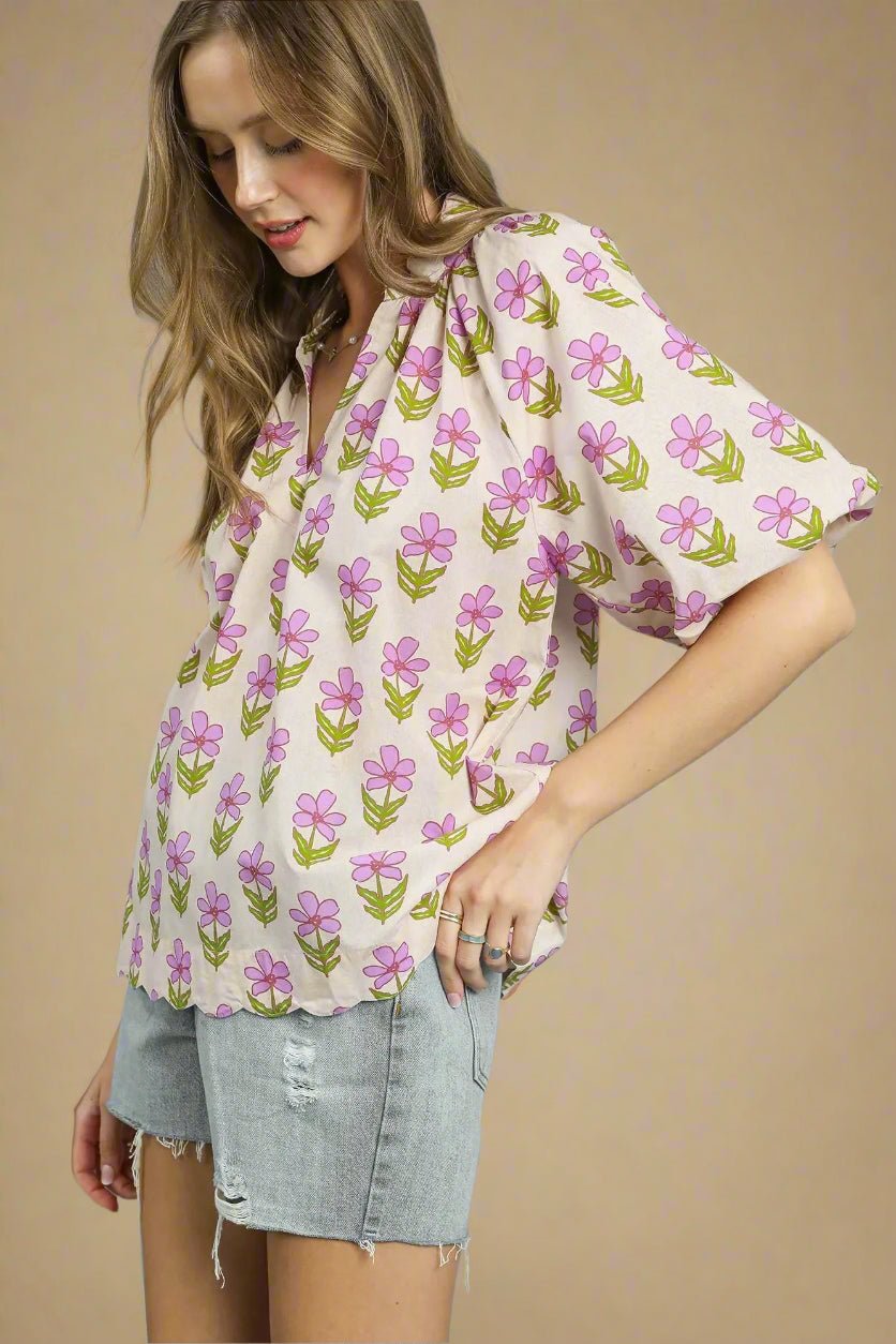 UMGEE - Pink Floral Print Puff Sleeve Blouse