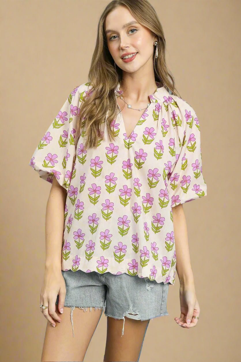 UMGEE - Pink Floral Print Puff Sleeve Blouse