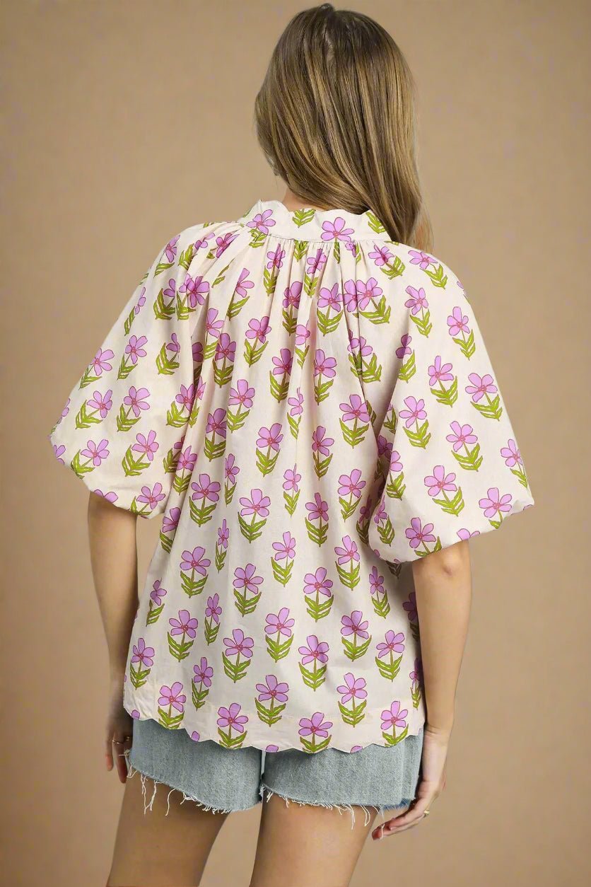 UMGEE - Pink Floral Print Puff Sleeve Blouse