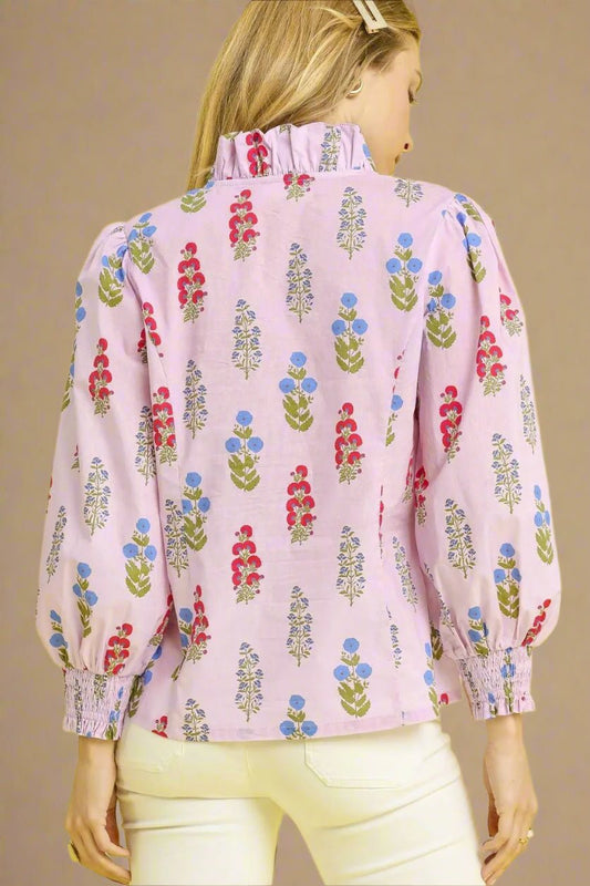 UMGEE - Pink Floral Print Ruffle Trim Button Down Blouse