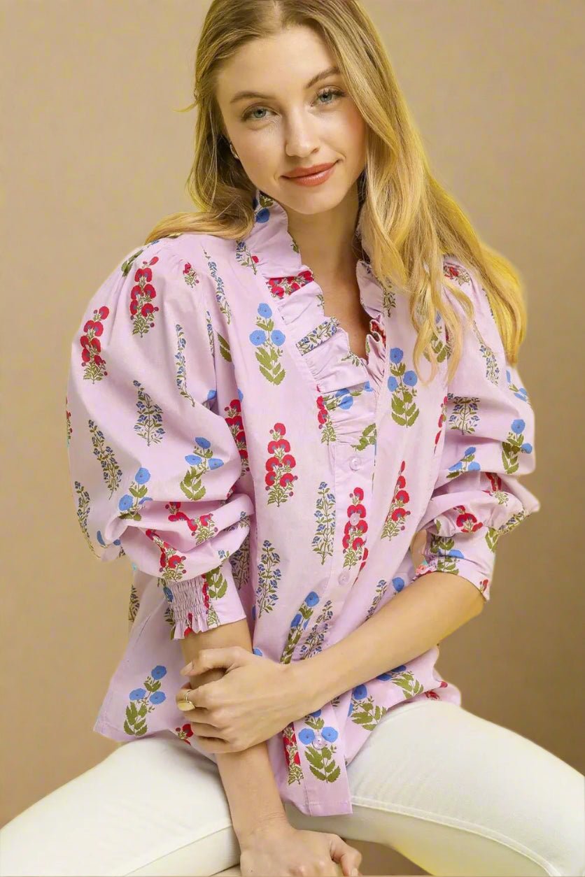 UMGEE - Pink Floral Print Ruffle Trim Button Down Blouse