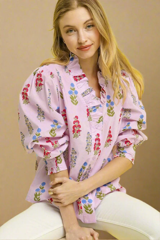 UMGEE - Pink Floral Print Ruffle Trim Button Down Blouse