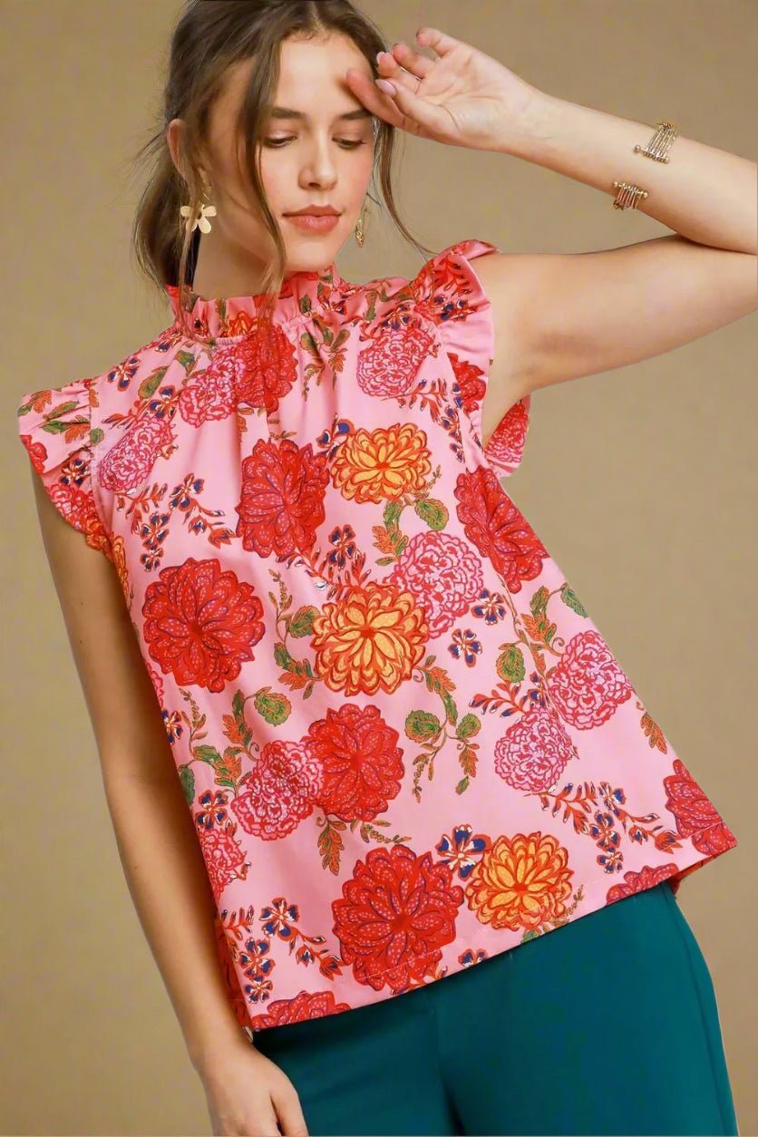 UMGEE - Pink Floral Ruffle Neck Sleeveless Top