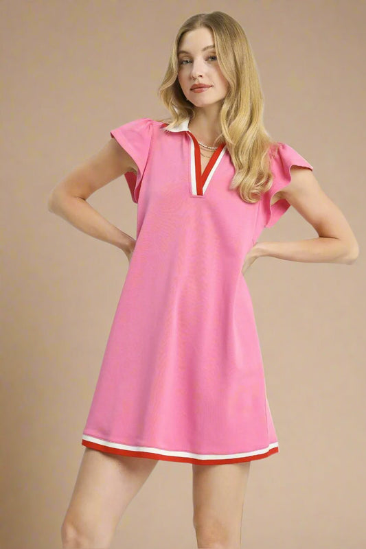 UMGEE - Pink Flutter Sleeve Polo Mini Dress