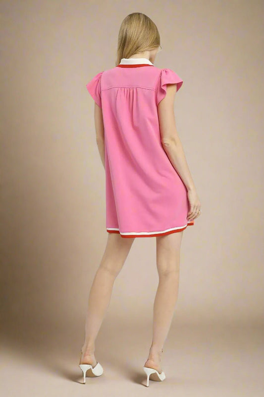 UMGEE - Pink Flutter Sleeve Polo Mini Dress