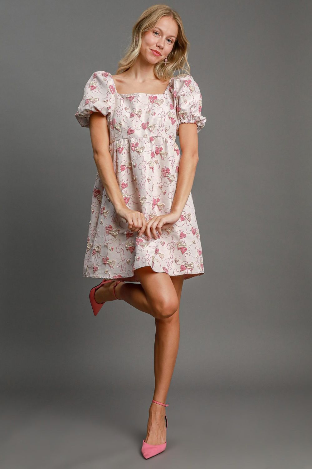 UMGEE - Pink Jacquard Heart Pattern Puff Sleeve Mini Dress