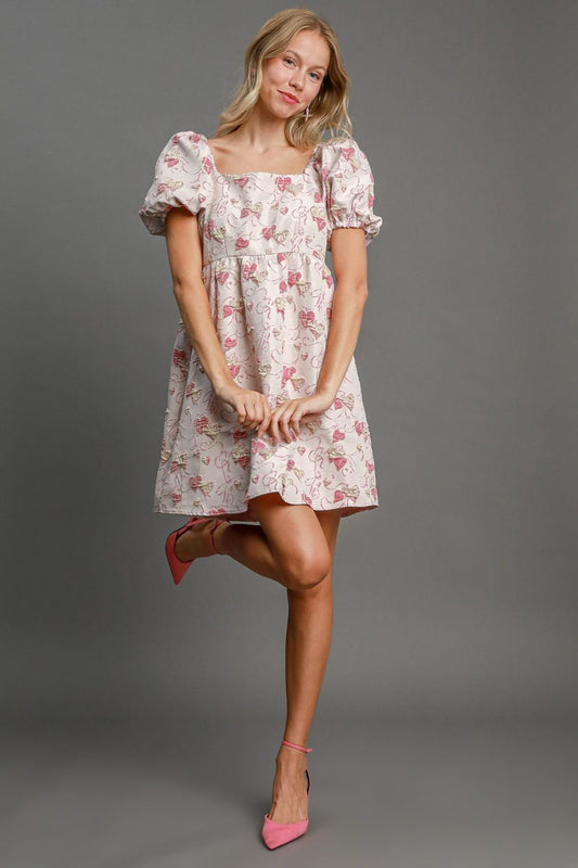 UMGEE - Pink Jacquard Heart Pattern Puff Sleeve Mini Dress