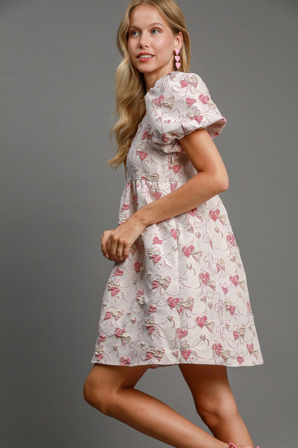 UMGEE - Pink Jacquard Heart Pattern Puff Sleeve Mini Dress